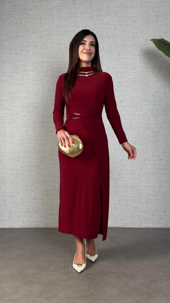 Kadın Balıkçı Yaka Toka Detay Sandy Kumaş Midi Boy Elbise - Resim 4