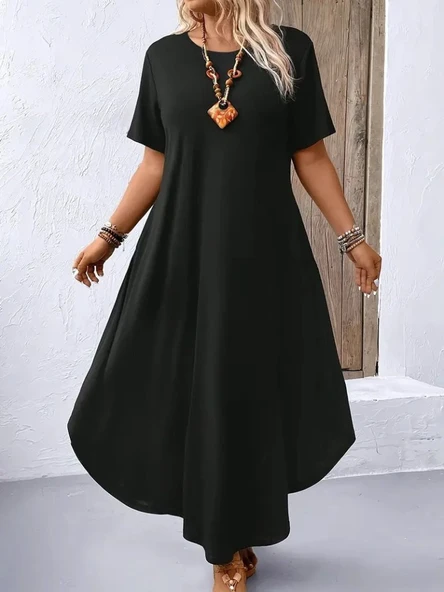 Kadın Kısa Kollu Bisiklet Yaka Cepli Salaş Viskon Elbise ürün görseli