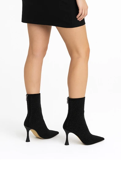 Erkan Saçmacı Nell Siyah Süet Taşlı Sivri Burun Fermuarlı İnce Topuklu Abiye Yarım Çizme - 3