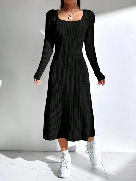 Kadın Uzun Kollu Kare Yaka Midi Kaşkorse Elbise - Resim 4