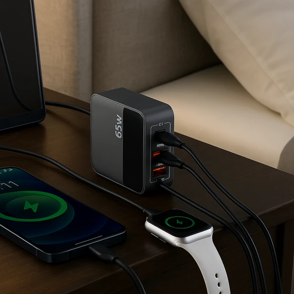 65W Hızlı Şarj Adaptörü  2 Type-C + 2 USB-A Çoklu Port  Laptop Telefon Tablet Uyumlu  Akıllı Güç Dağıtımı  Kompakt Tasarım - 6