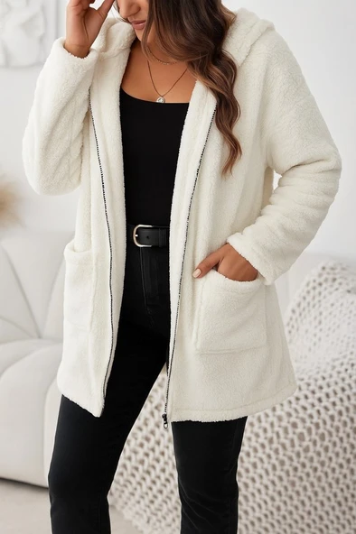 Kadın Uzun Kollu Kapşonlu önden Fermuarlı Cepli Welsoft Ceket ürün görseli