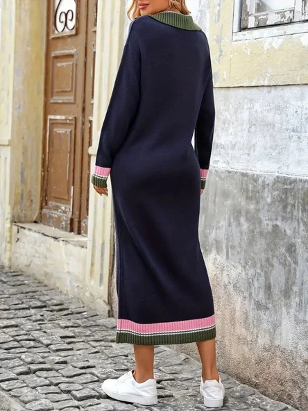 Kadın Uzun Kollu Yakalı çok Renkli Triko Uzun Elbise - Resim 5