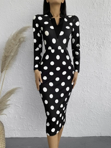 Kadın Uzun Kollu V Yaka Puantiyeli Krep Midi Boy Elbise - Resim 4