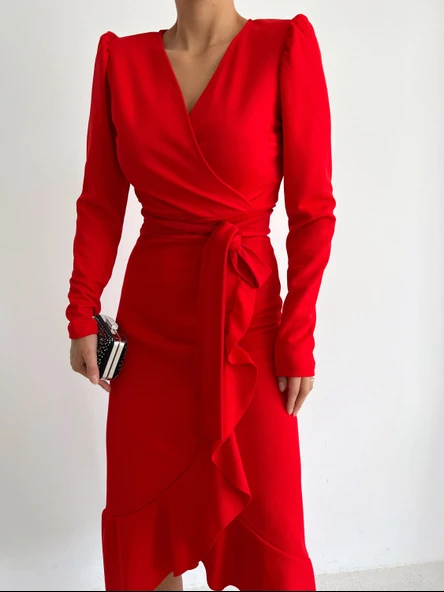 Krep Kumaş Midi Boy Kuşaklı Uzunkol Elbise - Resim 10