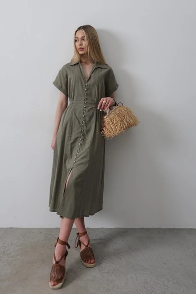 Önü Düğmeli Kısa Kol Elbise - Haki ürün görseli