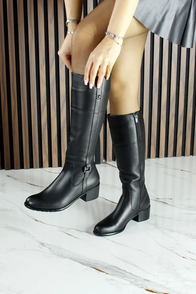 Erkan Saçmacı Siyah Hakiki Dana Derisi Metal Aksesuarlı Fermuarlı Yuvarlak Burun Kalın Topuklu Çizme - 3