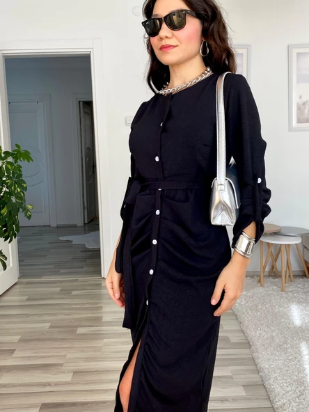 Kadın Uzun Kollu önden Düğmeli Beli Kuşaklı Aerobin Midi Elbise - Resim 11