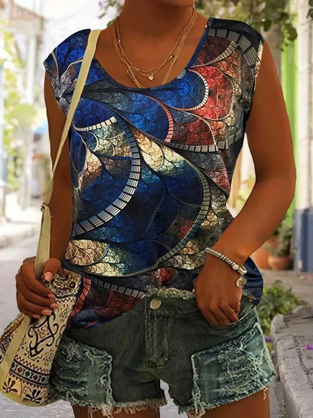 Kadın Sıfır Kol Yuvarlak Yaka Karışık Renkli Baskılı Süprem Bluz - Resim 2