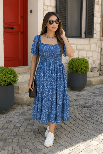 Kadın Kısa Kollu Gipe Detaylı Desenli Midi Süprem Elbise ürün görseli