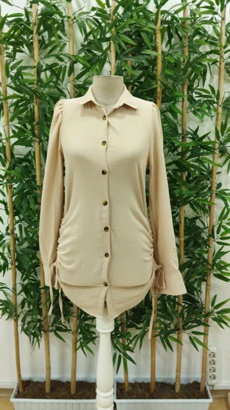 Kadın Uzun Kollu Gömlek Yaka önden Düğmeli Yanlardan Büzgülü Kısa Aerobin Elbise - Resim 6