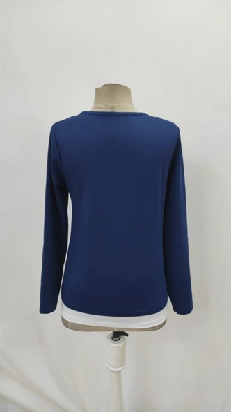 Kadın Uzun Kollu V Yakalı çift Renkli Viskon Iki Iplik Bluz - Resim 8