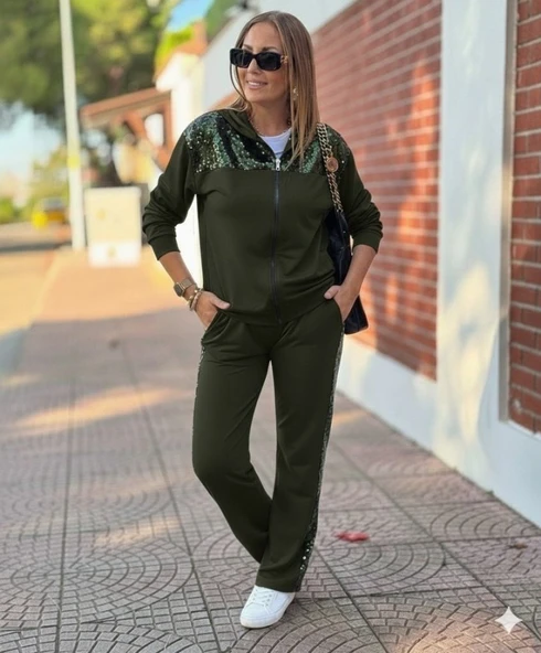 Kadın Uzun Kollu önden Fermuarlı Pul Payetli Alt üst Viskon Iki Iplik Takım - Resim 3