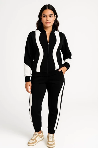 Premium Parçalı Eşofman Takım - Dik Yaka Fermuarlı Sweatshirt - Siyah - Resim 3