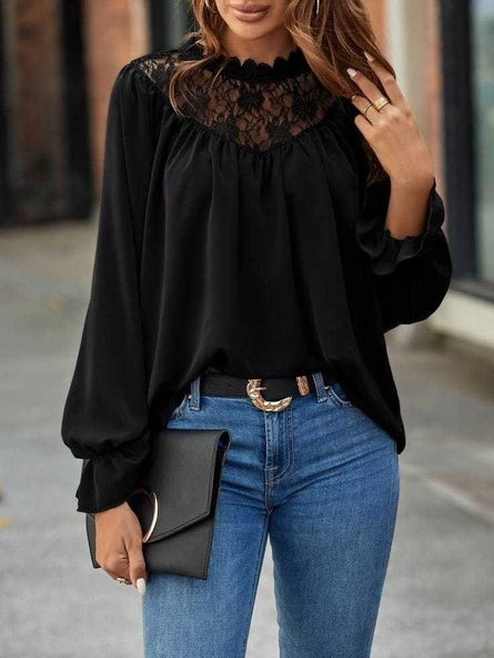 Kadın Uzun Kollu Dantelli Salaş Sandy Bluz ürün görseli