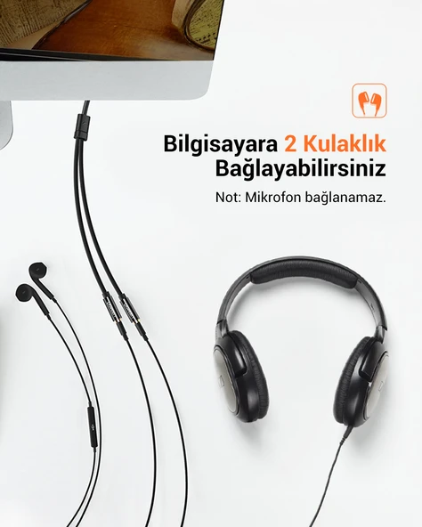 UGREEN 3.5mm 2'li Aux Kulaklık Çoklayıcı, Siyah, 20816 - Resim 3