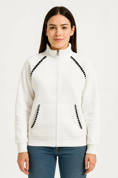 Oversize Dik Yaka Fermuarlı Sweatshirt - Zincir Nakışli Kanguru Cepli, - Beyaz - Resim 2