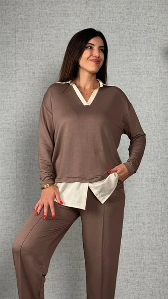 Polo Yaka Gömlek Detay Salaş Balon Pantolunlu ıkılı Takım - Resim 3