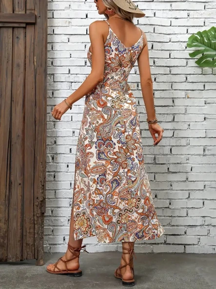 Kadın Ip Askılı V Yakalı Baskılı Yırtmaçlı Süprem Uzun Elbise - Resim 4