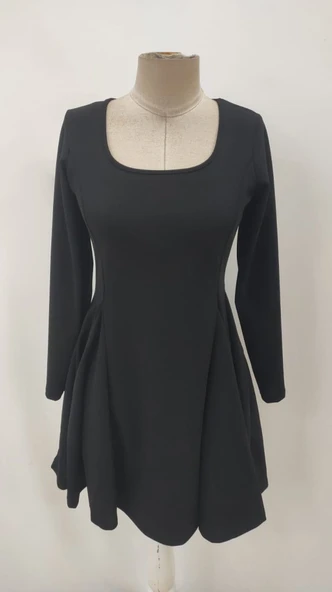 Kadın Uzun Kollu Kare Yakalı Mini Ithal Krep Elbise - Resim 5