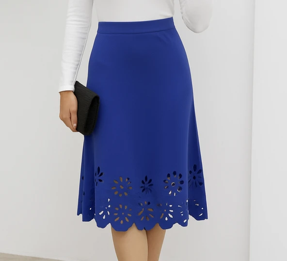 Kadın Yüksek Bel Lazer Kesim Detaylı Midi Ithal Krep Etek ürün görseli 1