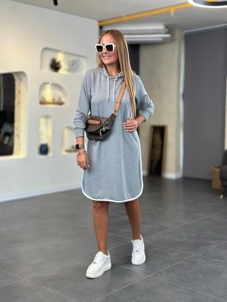 Kadın Uzun Kollu Kapüşon Ve Ribana Detay Diz üstü Elbise ürün görseli