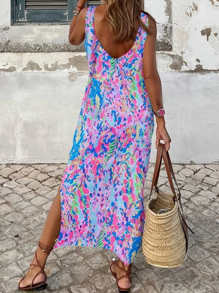 Kadın Askılı Yuvarlak Yaka Yandan Yırtmaçlı Uzun Süprem Elbise - Resim 3