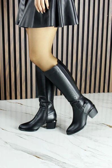 Erkan Saçmacı Siyah Hakiki Dana Derisi Streç Tokalı Fermuarlı Sivri Burun Kalın Topuklu Çizme - 7