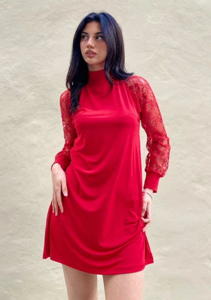 Kadın Uzun Kollu Damla Detaylı Sandy Mini Elbise - Resim 6