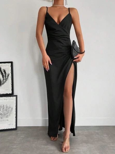 Kadın Askılı Kruvaze Yaka Derin Yırtmaçlı Krep Elbise - Resim 8