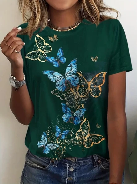 Kadın Kısa Kollu Mavi Sarı Kelebek Baskı Süprem T-shirt - Resim 4