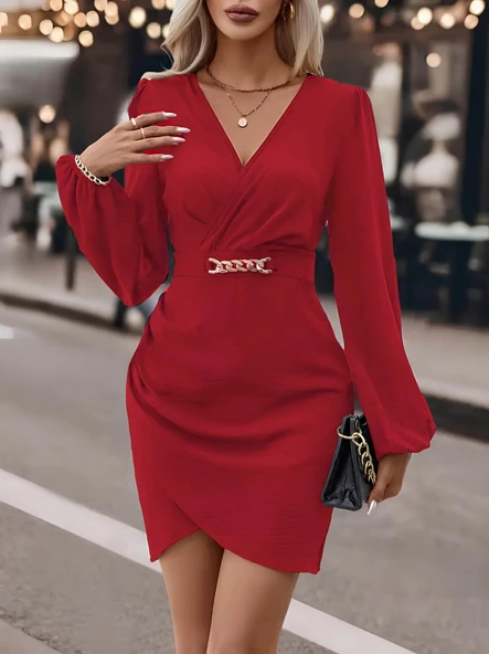 Kadın Uzun Kollu Kruvaze Yaka Yandan Büzgülü Asimetrik Detaylı Ithal Krep Mini Elbise - Resim 4