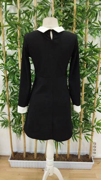 Kadın Uzun Kollu Yakalı A Kesim Kısa Ithal Krep Elbise - Resim 12