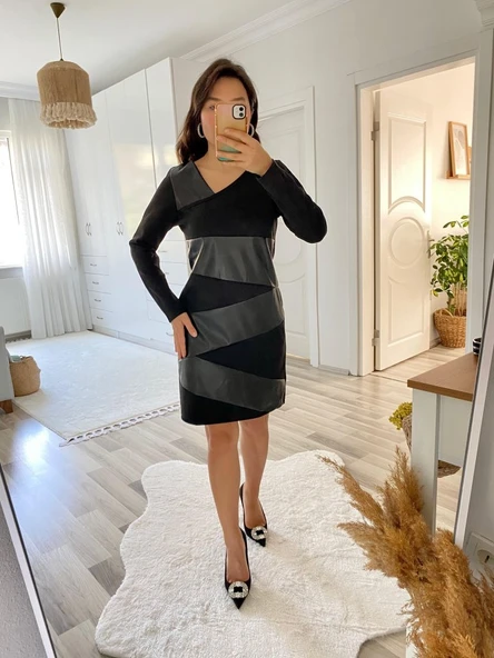 Kadın Uzun Kollu Asimetrik Yaka Süet Ve Deri Mini Boy Elbise - Resim 2