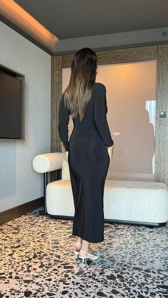 Kadın Balıkçı Yaka Toka Detay Sandy Kumaş Midi Boy Elbise - Resim 3