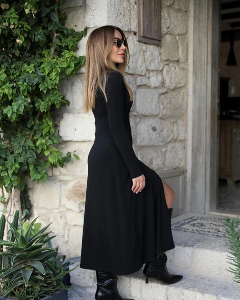 Kadın Uzun Kollu önden Fermuarlı Maxi Viskon Iki Iplik Elbise - Resim 5