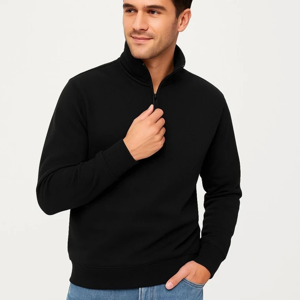 Erkek Dik Yaka Sweatshirt Dik Yaka Yarım Fermuarlı 3 İplik Şardonlu Pamuk Kumaş - Siyah - Resim 4