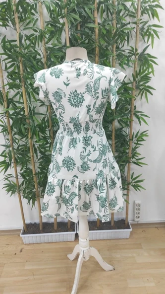 Kadın Kısa Fırfır Kollu Kruvaze Yaka çiçekli Atlas Elbise - Resim 6