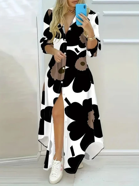 Kadın Yakalı önden Düğmeli çiçek Desenli Uzun Süprem Elbise - Resim 2