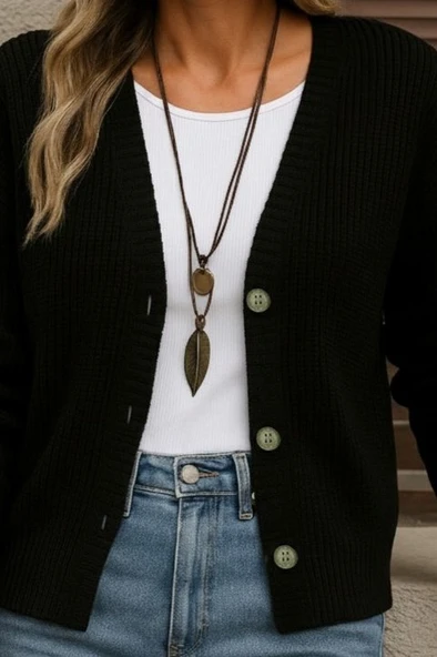 Kadın Uzun Kollu Düğme Detay Triko Hırka - Resim 7