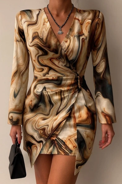 Kadın Uzun Kollu Kruvaze Yakalı Asimetrik Detaylı Mini Modal Elbise - Resim 6