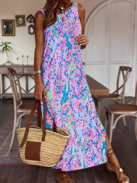 Kadın Askılı Yuvarlak Yaka Yandan Yırtmaçlı Uzun Süprem Elbise - Resim 6