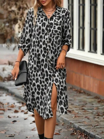 Kadın Uzun Kollu Yakalı önden Düğmeli Leopar Desenli Modal Midi Elbise ürün görseli
