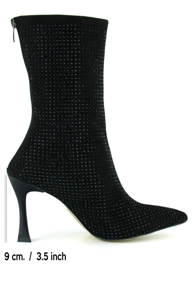 Erkan Saçmacı Nell Siyah Süet Taşlı Sivri Burun Fermuarlı İnce Topuklu Abiye Yarım Çizme - 2