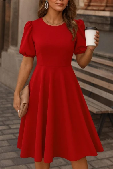 Kadın Kısa Balon Kollu Bisiklet Yaka Geniş Kesim Janjan Krep Elbise ürün görseli