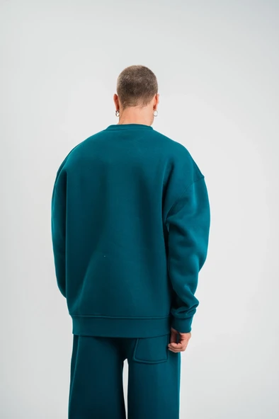 Uzun Kol Bisiklet Yaka Basic SweatShirt - Koyu Deniz Yeşili - 3
