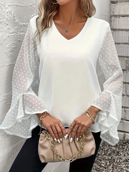 Kadın Uzun Kollu V Yakalı Kolları Ispanyol Detayı Sandy Bluz - Resim 2