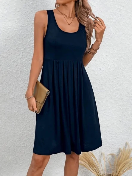 Kadın Askılı Yuvarlak Yaka önden Pileli Viskon Elbise - Resim 2