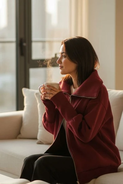 Kadın Uzun Kollu Fermuar Detay Sweat Shirt - Resim 3