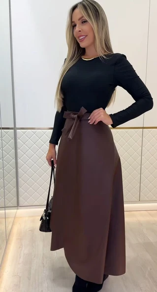 Kadın Belden Kuşaklı Uzun Deri Etek